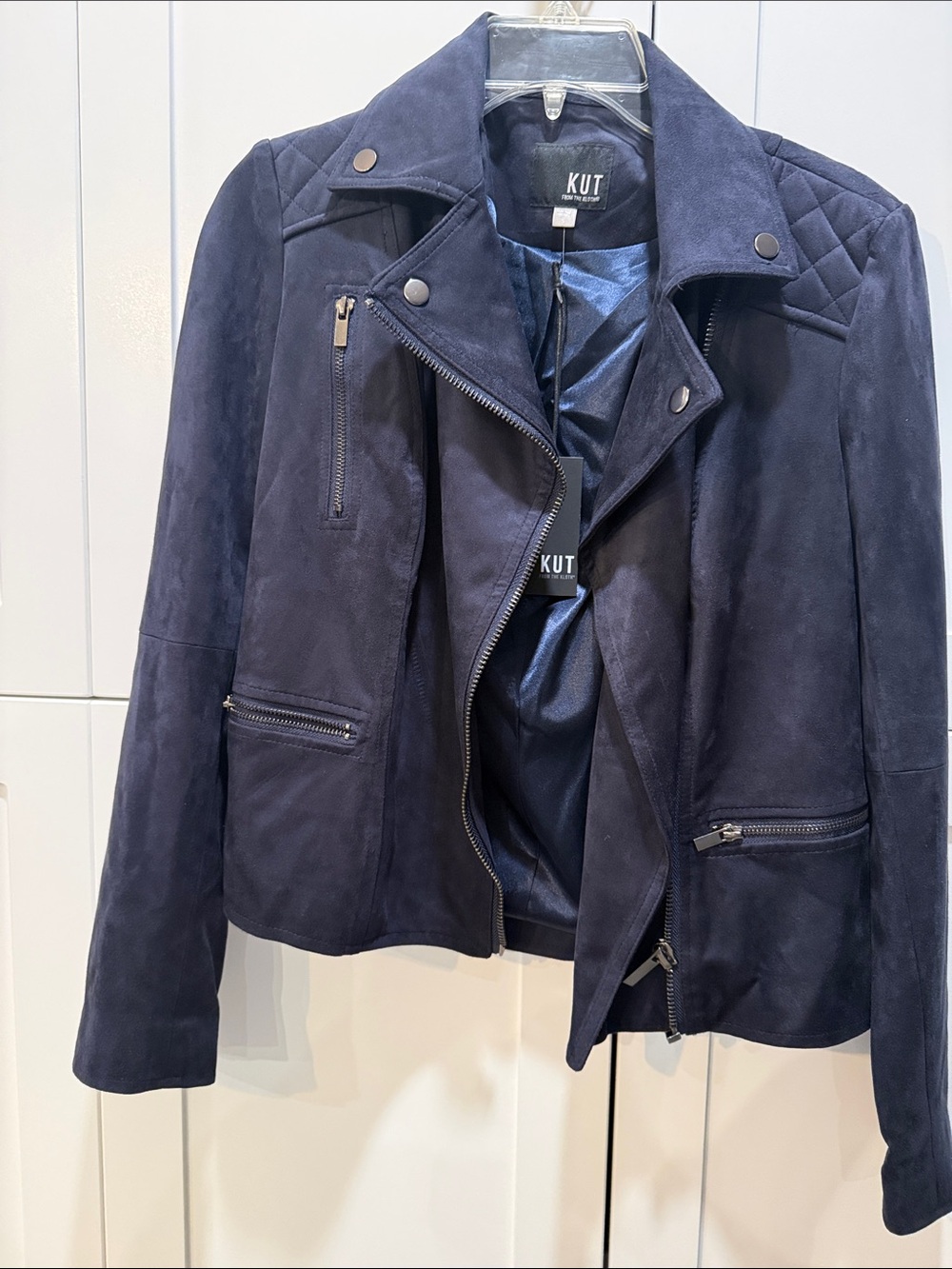 Kut from the Kloth Navy Suede Asymmetrical Moto Jacket
